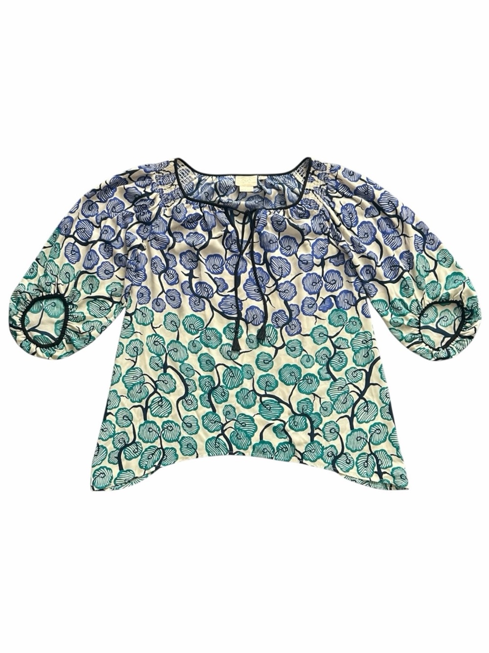 Maeve Anthropologie Blue Teal Botanical Print Tassel Tie Peasant Blouse Size 2